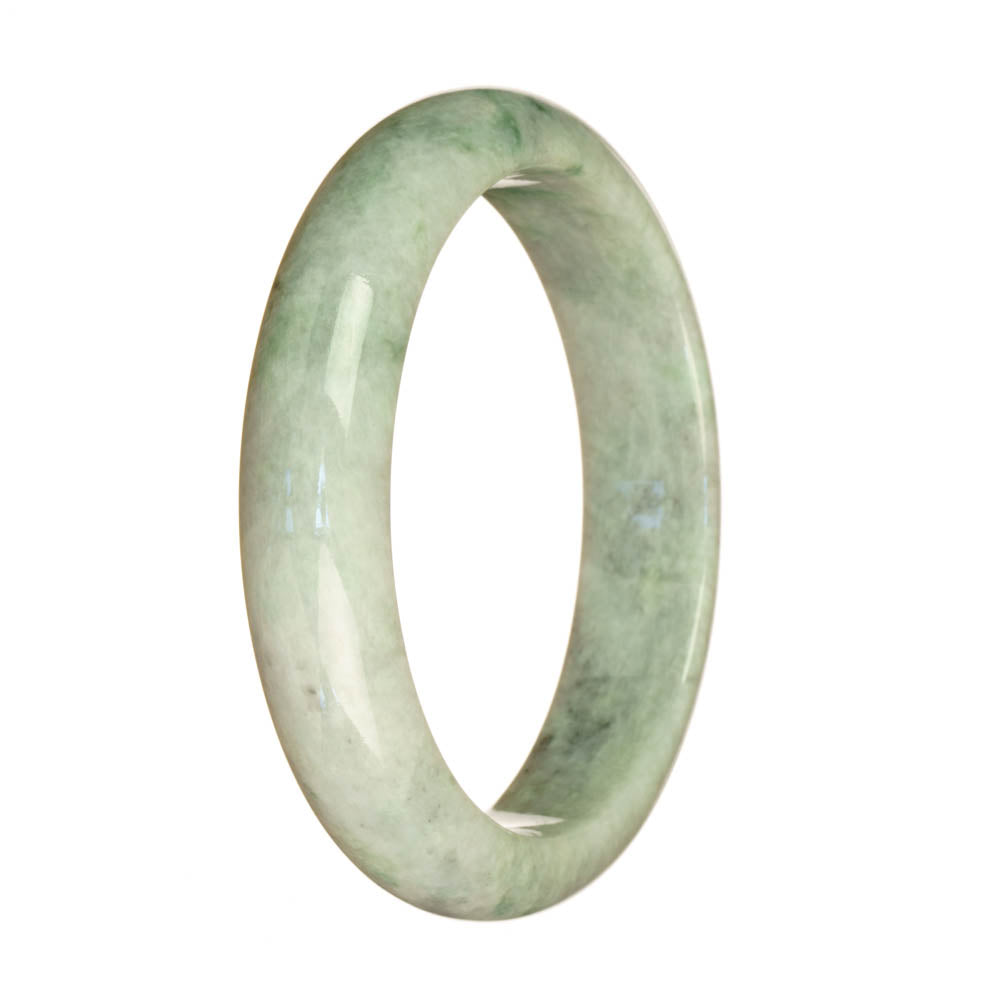 A close-up image of an authentic Type A white with green traditional jade bracelet. The bracelet is in the shape of a half moon and measures 59mm in diameter. The jade has a smooth and polished surface, showcasing its natural beauty. The bracelet is a product of MAYS™, a trusted brand specializing in high-quality jade jewelry.