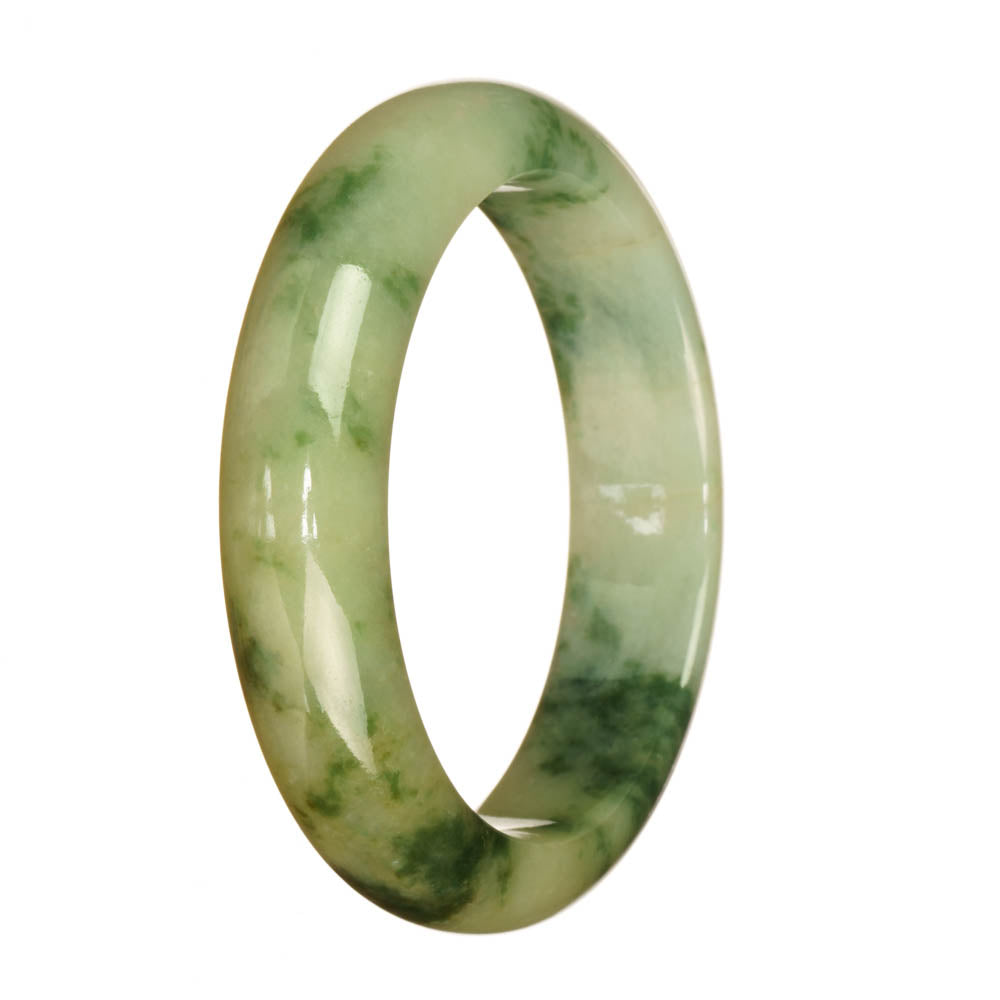 A close-up photo of a half moon-shaped jadeite jade bracelet in a beautiful green color. The bracelet has a natural pattern on its surface, showcasing the authenticity of the jadeite jade. The item is sold by MAYS.