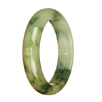 A close-up photo of a half moon-shaped jadeite jade bracelet in a beautiful green color. The bracelet has a natural pattern on its surface, showcasing the authenticity of the jadeite jade. The item is sold by MAYS.
