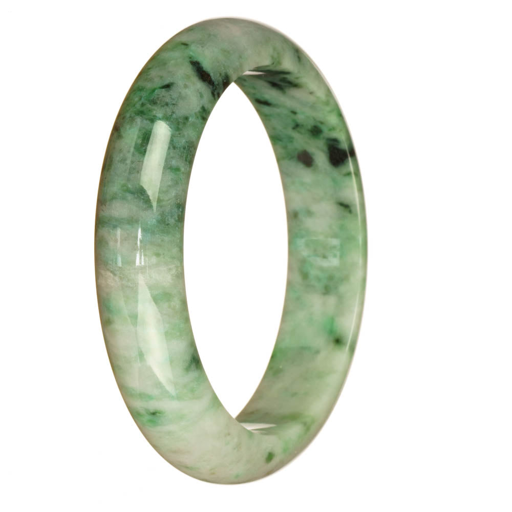 A close-up of a beautiful white and green patterned jadeite jade bangle bracelet, featuring a half-moon shape and measuring 63mm in size. This elegant bracelet is made from genuine grade A jade and is a stunning piece from the MAYS™ collection.