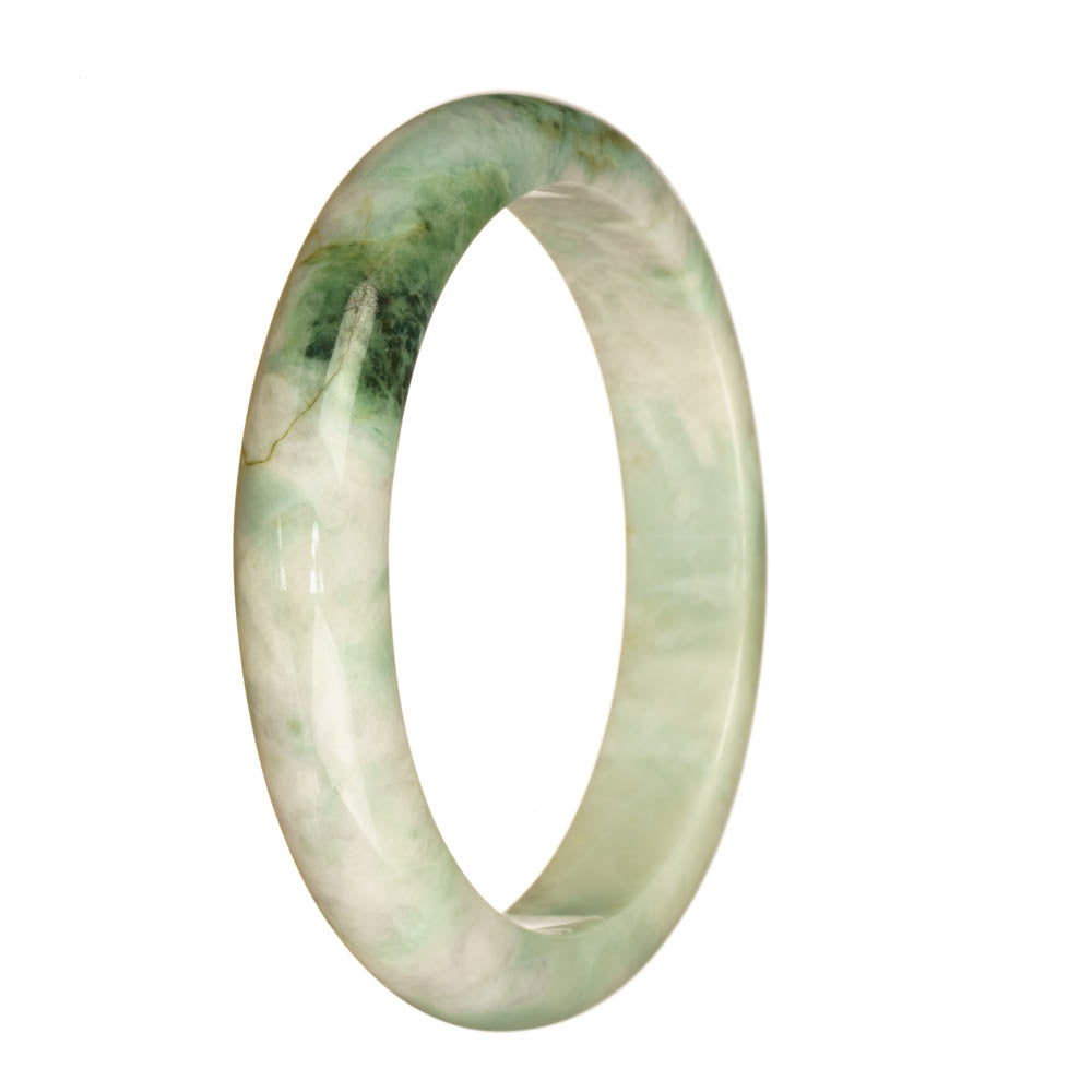 A beautiful half moon-shaped white and green patterned jadeite bangle bracelet, untreated and genuine.