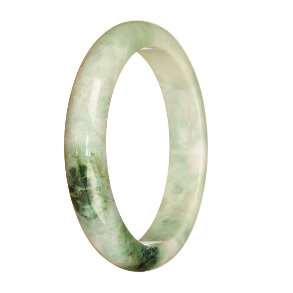 A traditional jade bangle bracelet with a half moon pattern in genuine natural white and green colors.