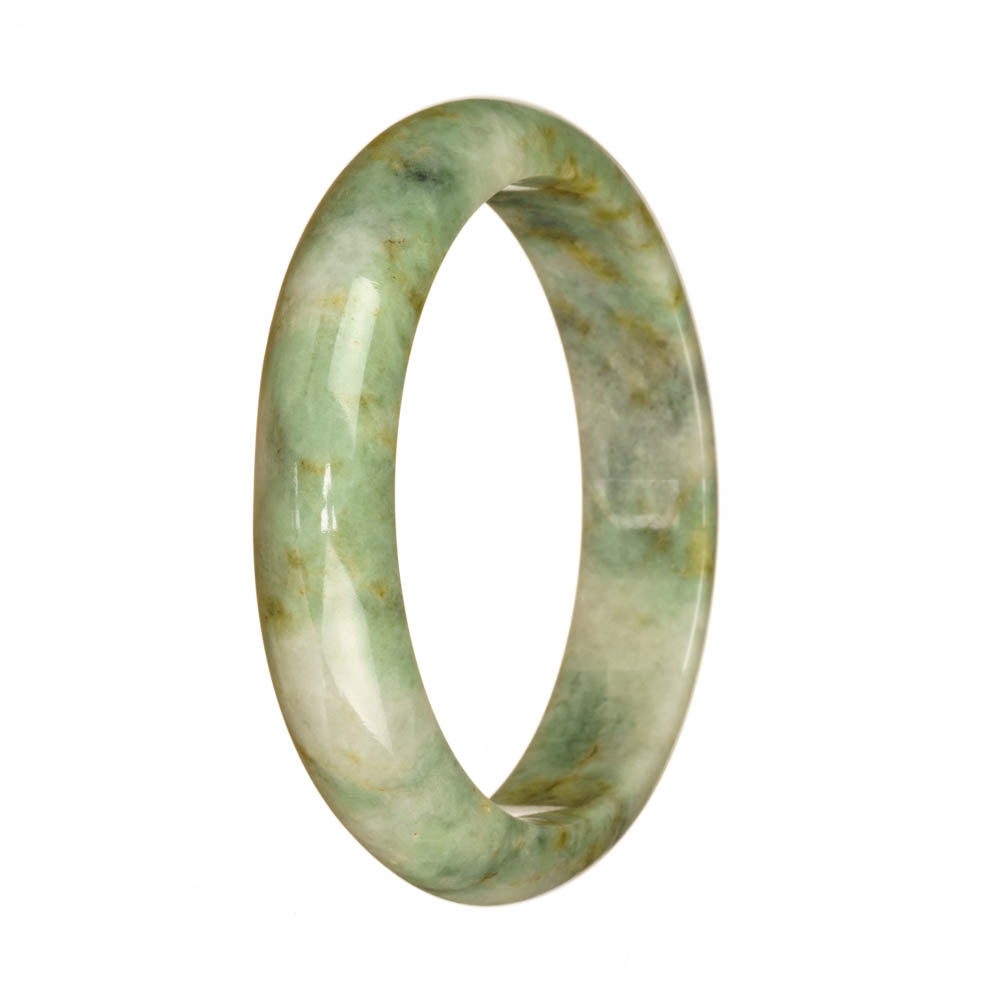 A close-up image of a beautiful jade bracelet with a green and white pattern. The bracelet is made of high-quality jadeite jade and features a half-moon shape. It has a diameter of 57mm and is sold by MAYS.