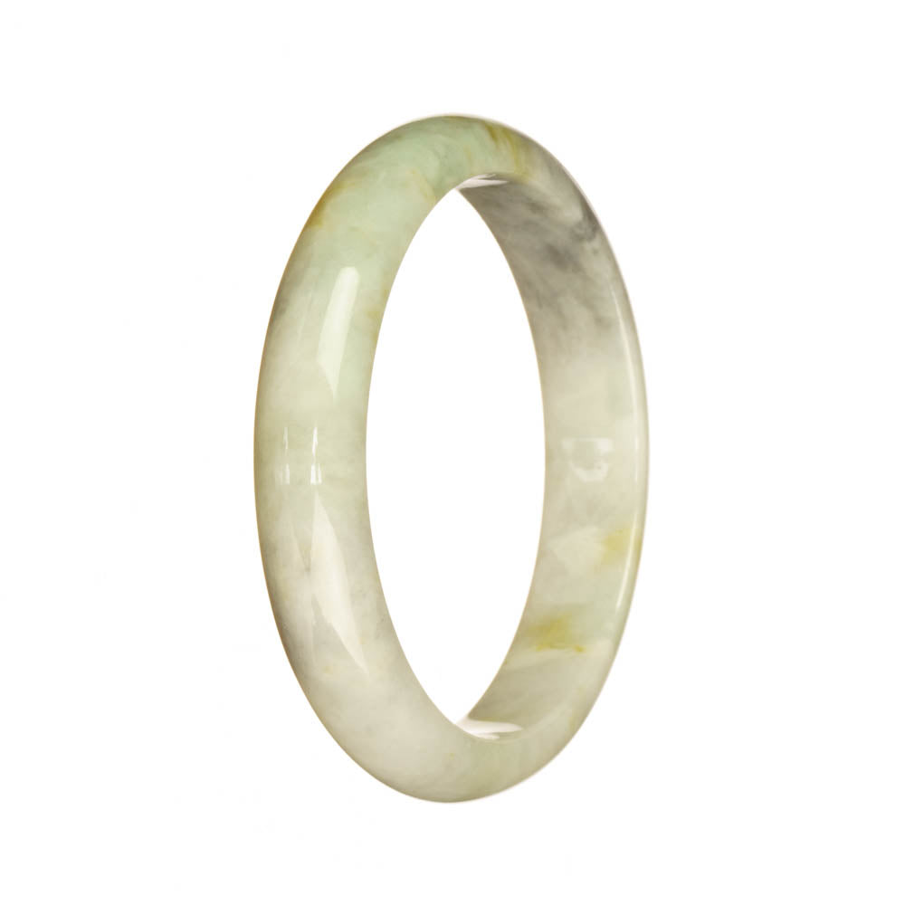 A bracelet made of genuine Burmese jade in white, grey, and pale green tones. It features a 56mm half moon design.