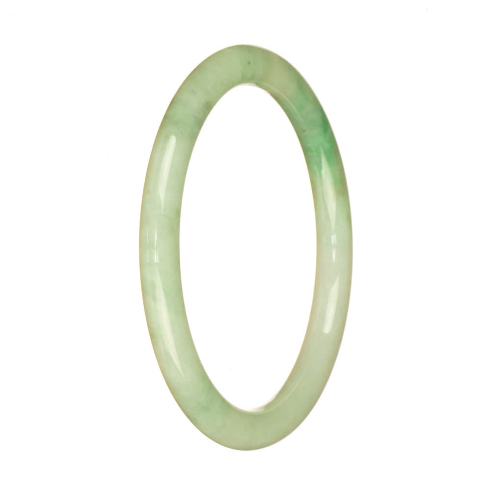 A close-up photo of a light green jade bangle bracelet with apple green tones. The bracelet is petite and round, measuring 60mm in diameter. It is a genuine Grade A jade piece from MAYS™.