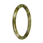 A round jade bangle, measuring approximately 62mm in diameter, featuring a mix of green, white, and brown patterns. The bangle is made of genuine Grade A jadeite jade and is sold by MAYS GEMS.