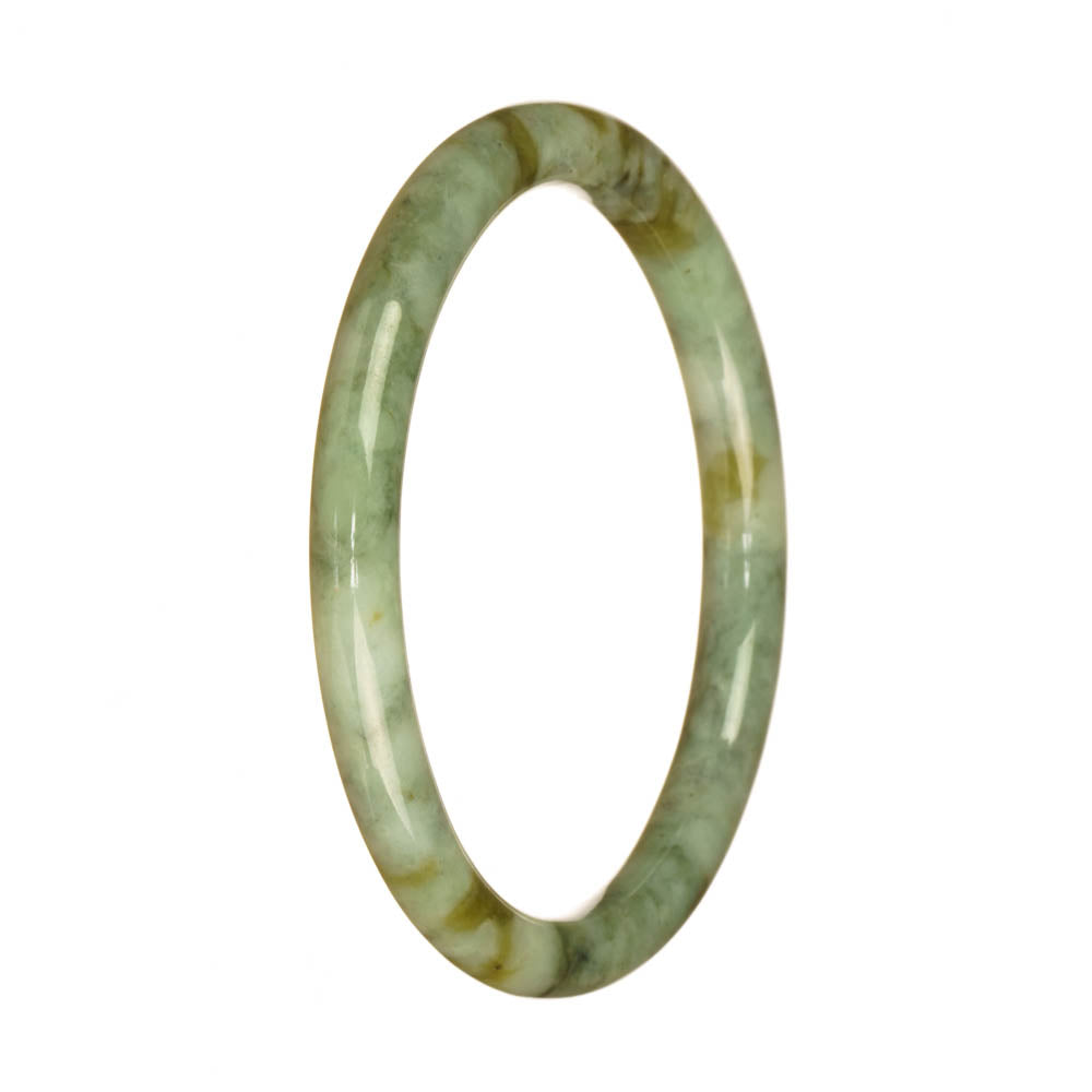 A close-up photo of a light green jade bangle with a delicate pattern. The bangle is round and petite, measuring 60mm in diameter. It is made of genuine grade A jade and is sold by MAYS GEMS.