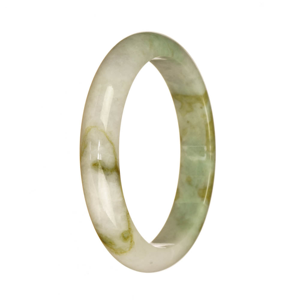 A beautiful white and green Burmese jade bangle with a Type A pattern, featuring a half moon shape and measuring 57mm. Perfect for adding elegance and charm to any outfit.