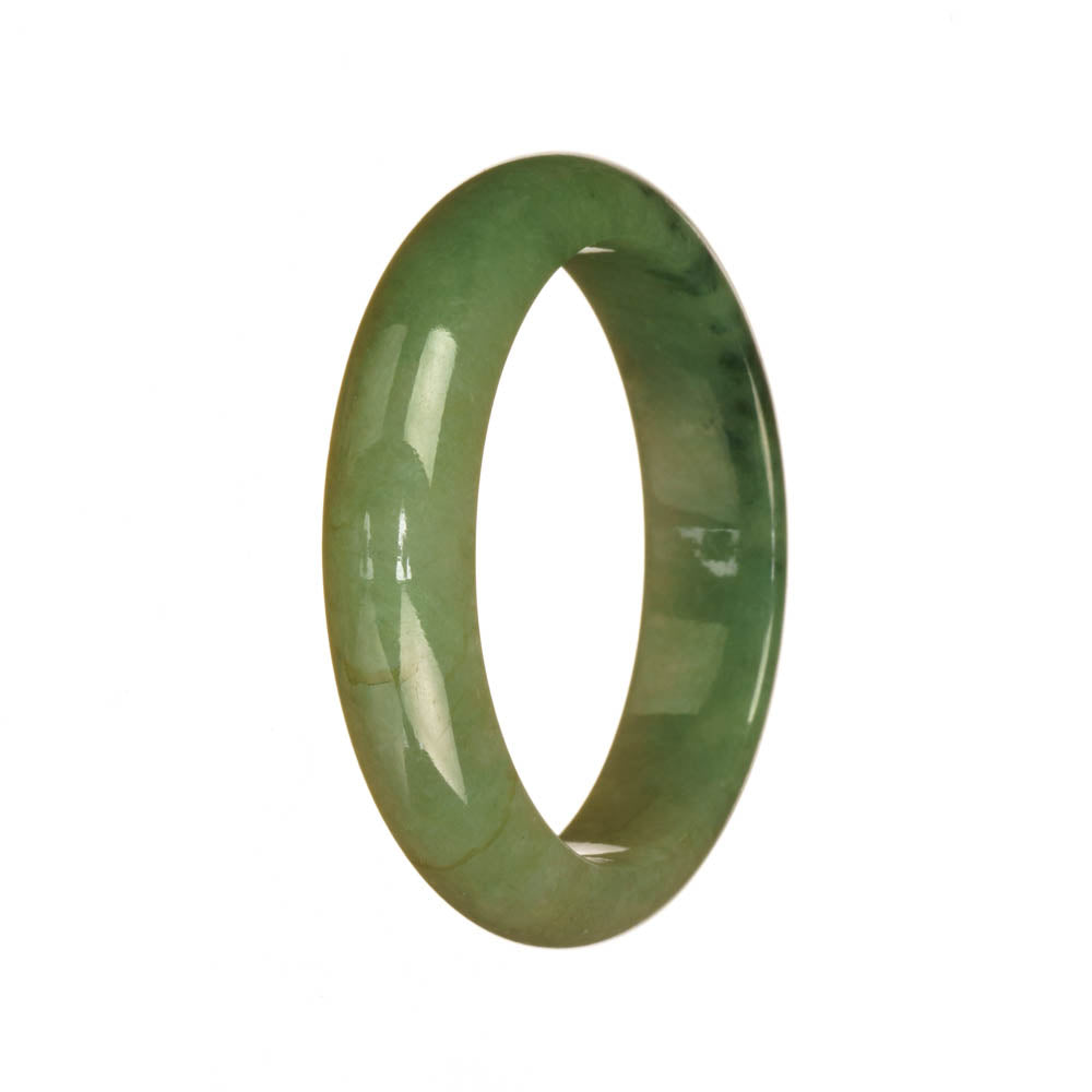 A close-up image of an authentic natural green jadeite jade bracelet with a 51mm half moon shape. The jadeite jade bracelet shines in various shades of green, showcasing its natural beauty. It is a stylish accessory that adds elegance to any outfit.