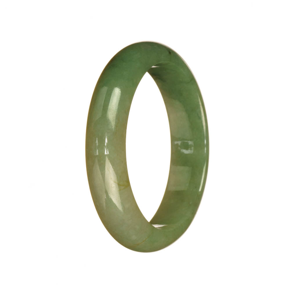 A close-up image of a beautiful green jade bangle bracelet with a half-moon shape, measuring 51mm in diameter. The bracelet is made of real Type A jade and features a smooth and polished surface. The vibrant green color of the jade is captivating. The bangle is a product of MAYS™, a trusted brand known for their high-quality jewelry.