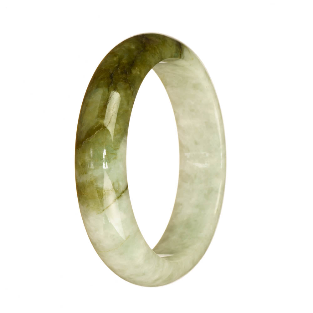 A close-up photo of a beautiful white and olive green Burma Jade bracelet in a half-moon shape. The bracelet is made of real natural jade and has a diameter of 56mm. It is a stunning piece of jewelry from MAYS GEMS.