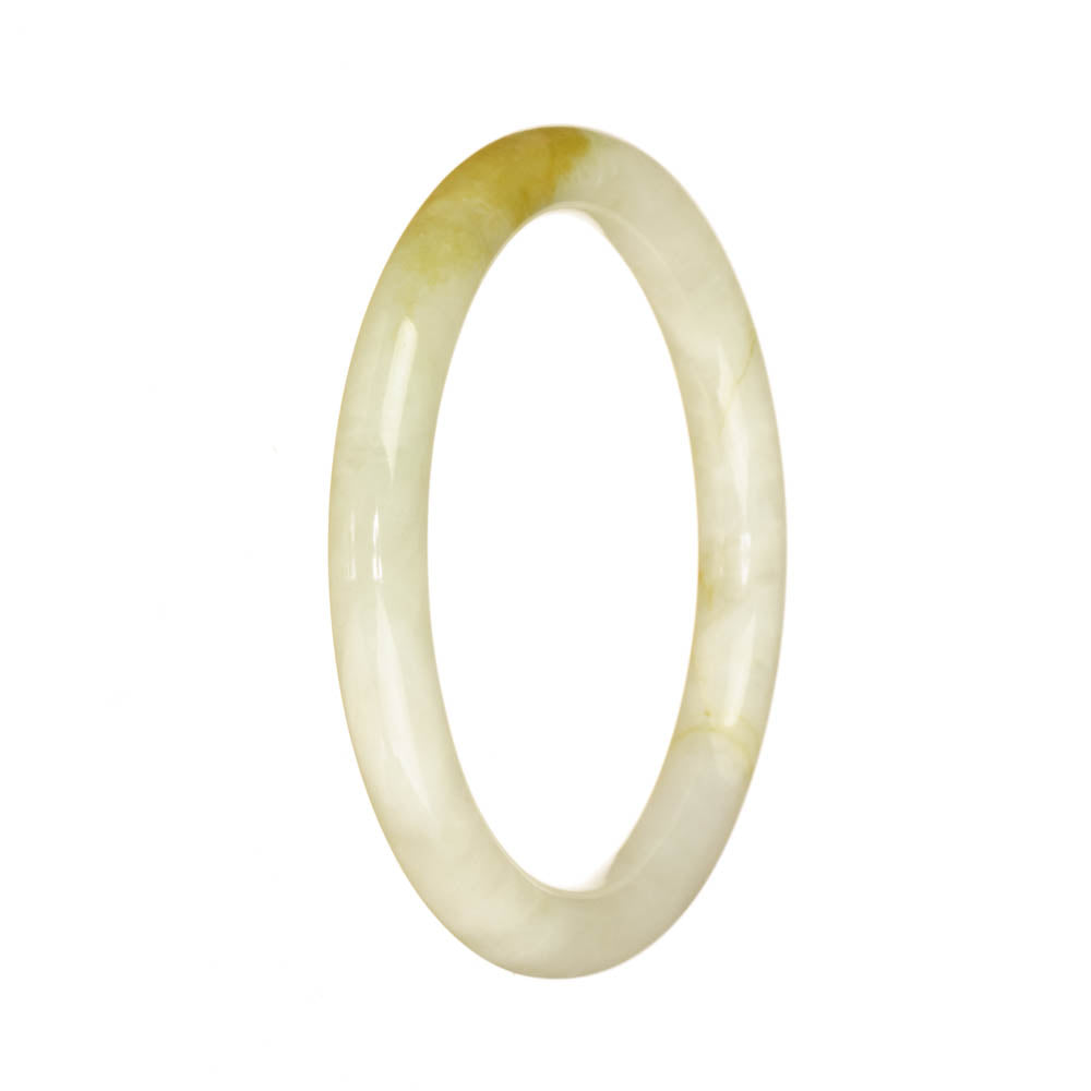 A close-up image of a small, round jadeite bangle bracelet. The bracelet is predominantly white with streaks of brown running through it, giving it a natural and organic appearance. It is a petite size, measuring 56mm in diameter. The bracelet is made of genuine jadeite and is part of the MAYS™ collection.