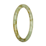 A petite round jadeite bangle bracelet in pale green and light brown with an authentic Grade A pattern.