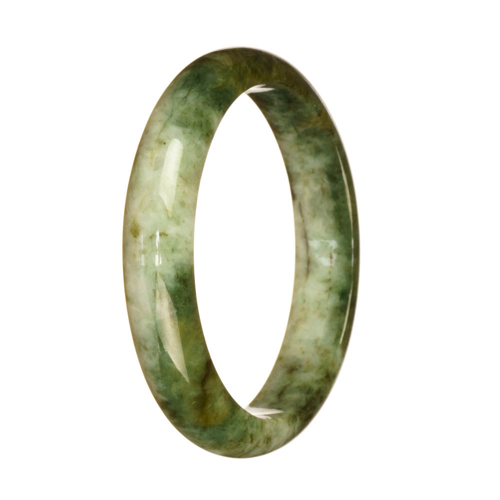 A half moon jadeite bangle bracelet with a genuine white and green pattern.