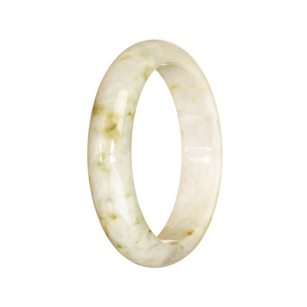 A half moon-shaped jade bangle with a white base color and a delicate pale green pattern, certified as untreated and authentic by MAYS™.