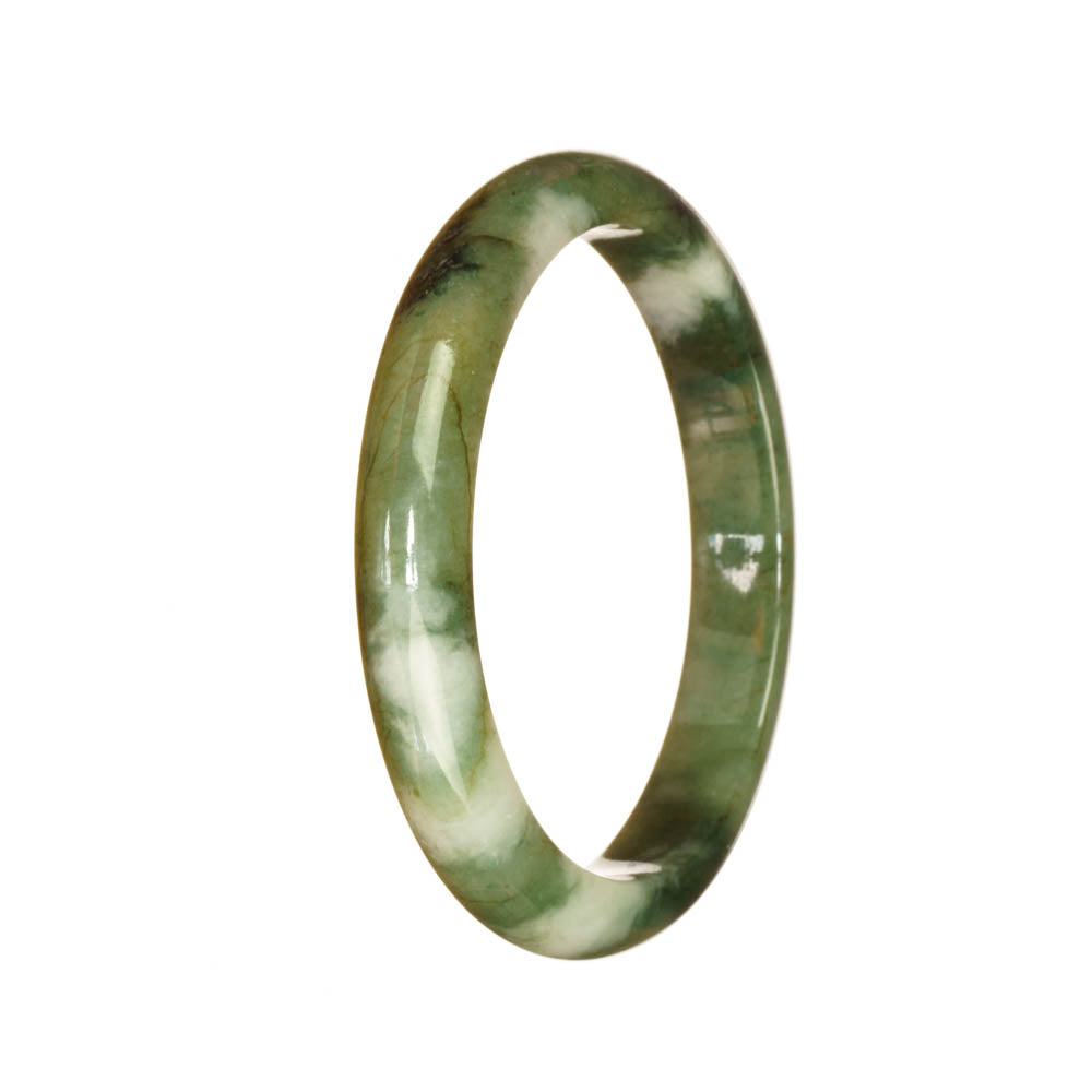 A half-moon shaped bangle bracelet made of high-quality Burma Jade with a beautiful green and white pattern.