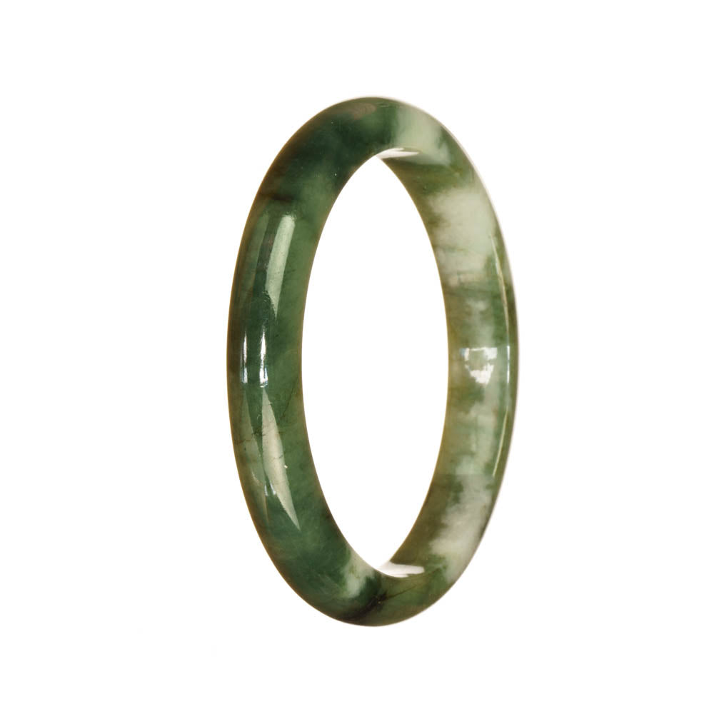 A beautiful green and white patterned jadeite bracelet in a half moon shape, measuring 54mm. This genuine Grade A jadeite piece is a stunning addition to any jewelry collection.