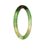 A small round jade bracelet featuring a beautiful combination of emerald green and deep green patterns.