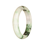 A beautiful Burmese jade bangle with a white base color and intricate deep green patterns. This authentic Grade A piece is 54mm in size and features a unique half moon shape. Perfect for adding a touch of elegance to any outfit.