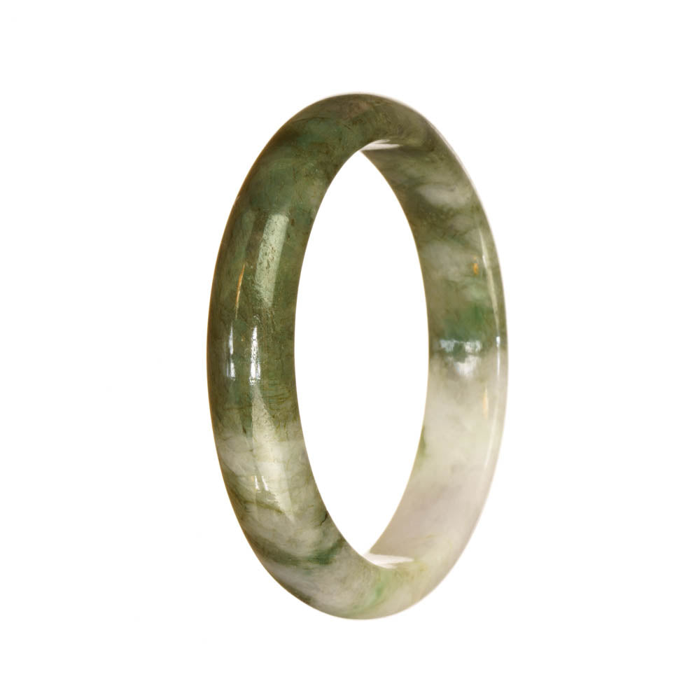 An elegant half moon-shaped bracelet made of genuine Grade A green and white pattern jadeite jade. The bracelet measures 55mm and is perfect for adding a touch of natural beauty to any outfit.