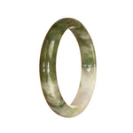 An elegant half moon-shaped bracelet made of genuine Grade A green and white pattern jadeite jade. The bracelet measures 55mm and is perfect for adding a touch of natural beauty to any outfit.