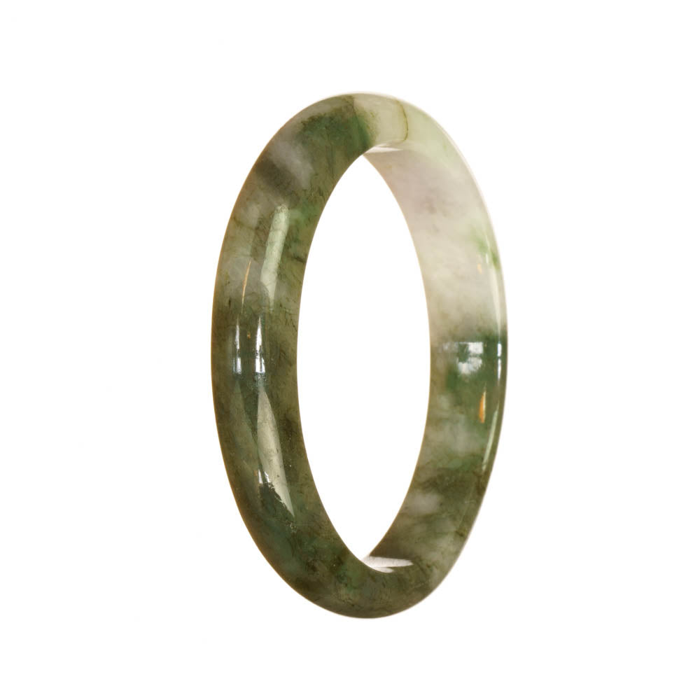 A half moon-shaped jade bangle with a beautiful green and white pattern. This traditional bangle is made of genuine untreated jade.