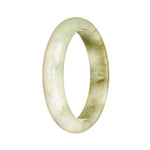 A close-up of an elegant jade bangle featuring a white and green pattern, shaped in a half-moon design. This authentic Grade A piece measures 55mm in diameter and is crafted by MAYS™.