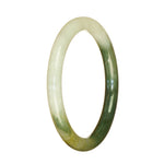 A close-up photo of a petite round bracelet made of authentic natural white and green patterned Burma jade. The bracelet has a delicate and elegant design.