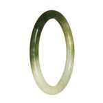 A close-up image of a delicate white and green jade bracelet with a unique pattern. The bracelet is made of high-quality Burma jade and has a petite round shape, measuring 59mm in diameter. It is a stunning piece of jewelry crafted by MAYS GEMS.
