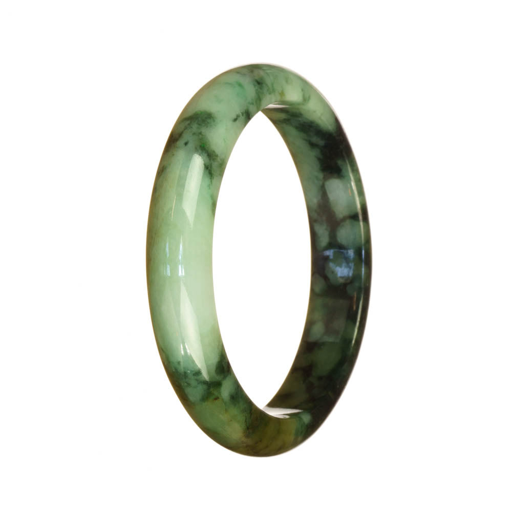 A beautiful green jade bangle bracelet with a unique half moon shape, crafted from genuine Grade A Burma jade. Perfect for adding a touch of elegance to any outfit.