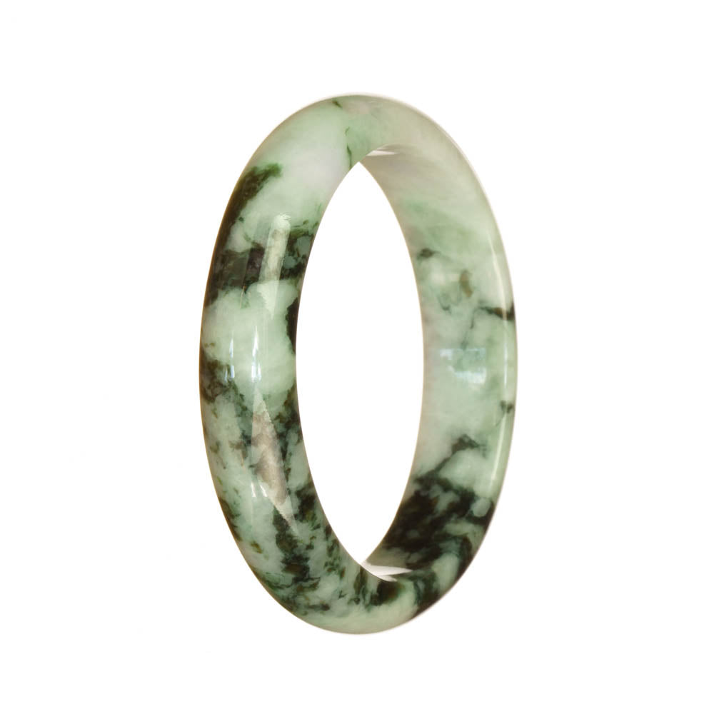 A white and green patterned jadeite bracelet with a 54mm half moon shape.