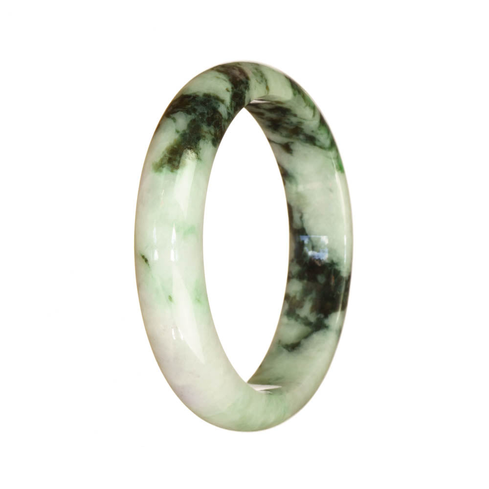 A half moon-shaped, 54mm Burma Jade bangle with a beautiful white and green pattern.