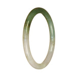 A close-up photo of a small, round jade bangle in white and green colors. The bangle has a smooth surface and is certified as Grade A quality. It measures 60mm in diameter and is called the "MAYS" bangle.