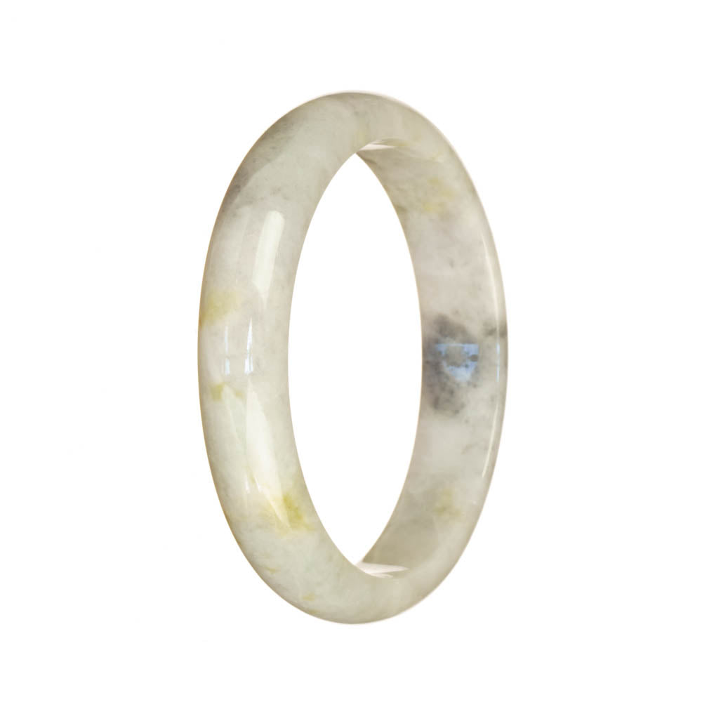 A close-up image of a beautiful white and greyish jade bangle bracelet with a half moon shape. This elegant piece of jewelry is made of genuine Grade A jade and measures 56mm in diameter. It is designed to add a touch of sophistication and style to any outfit.