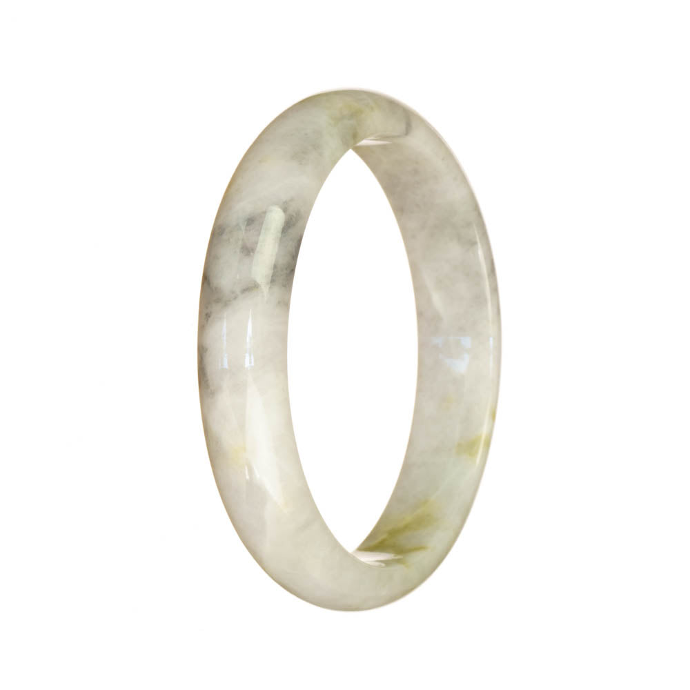 A close-up photo of an elegant bangle bracelet made of Grade A White and Greyish Burma Jade. The bracelet is in the shape of a half moon and has a diameter of 56mm. It is a genuine and authentic piece by MAYS™.