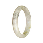 A close-up photo of an elegant bangle bracelet made of Grade A White and Greyish Burma Jade. The bracelet is in the shape of a half moon and has a diameter of 56mm. It is a genuine and authentic piece by MAYS™.
