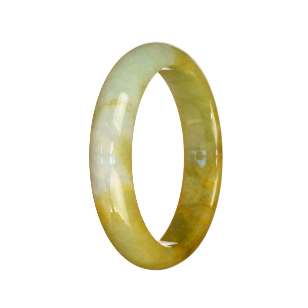 A half-moon shaped jade bangle with untreated green and brown hues, offered by MAYS GEMS.