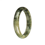 A half moon-shaped, traditional jade bangle in a vibrant green color with a dark green pattern.