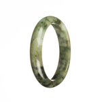 An elegant jade bangle bracelet with a beautiful dark green pattern, crafted in the traditional Type A Green jade. The bracelet features a 54mm half moon shape, adding a unique and stylish touch to any outfit.