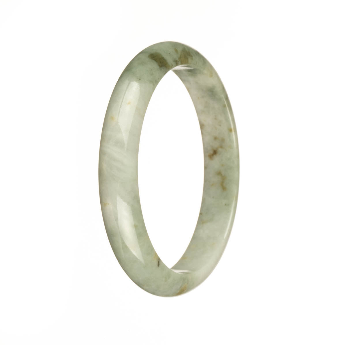 A close-up image of a half-moon shaped Burmese jade bangle, measuring 58mm in diameter. The bangle is primarily white in color, with a beautiful green pattern visible on its surface. It is a genuine Type A jade, sourced from Burma, and is available for purchase from the brand MAYS.