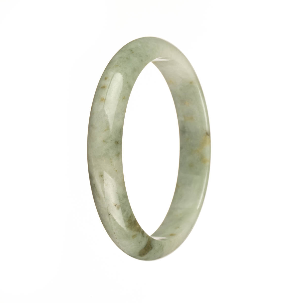 A half moon-shaped jadeite bangle with a real natural white and green pattern.
