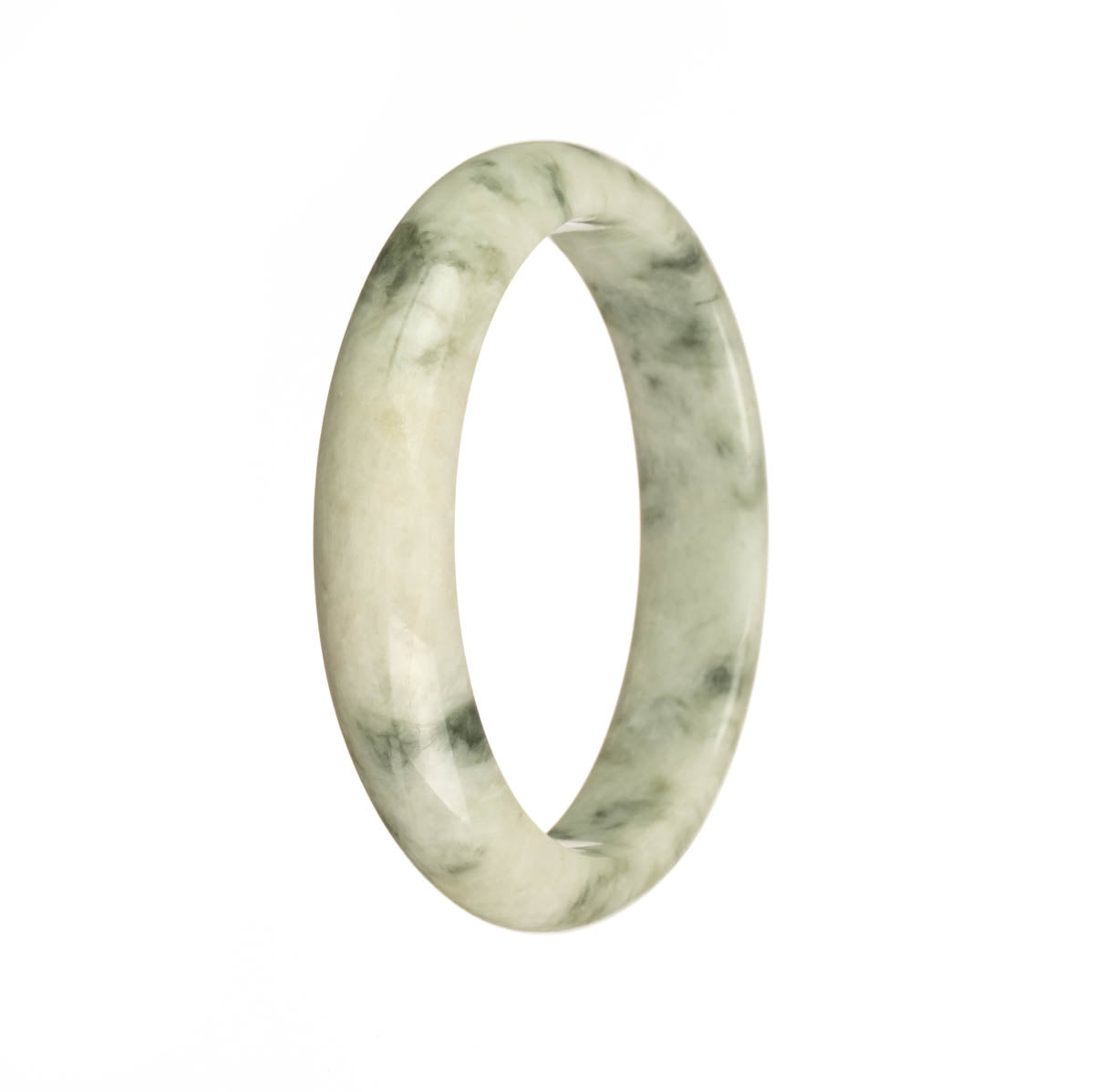 A close-up image of a beautiful jadeite bangle bracelet, featuring an authentic Grade A white jade with a green pattern. The bracelet is in the shape of a half moon and measures 56mm in size. It is a stunning piece of jewelry from the MAYS™ collection.