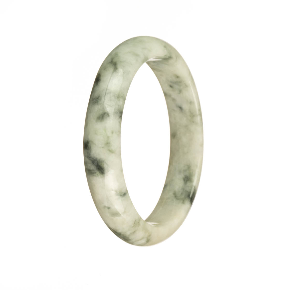A close-up image of a genuine Grade A White with Green Pattern Jadeite Bangle, shaped like a half moon and measuring 56mm in diameter. This elegant bangle is available from MAYS.