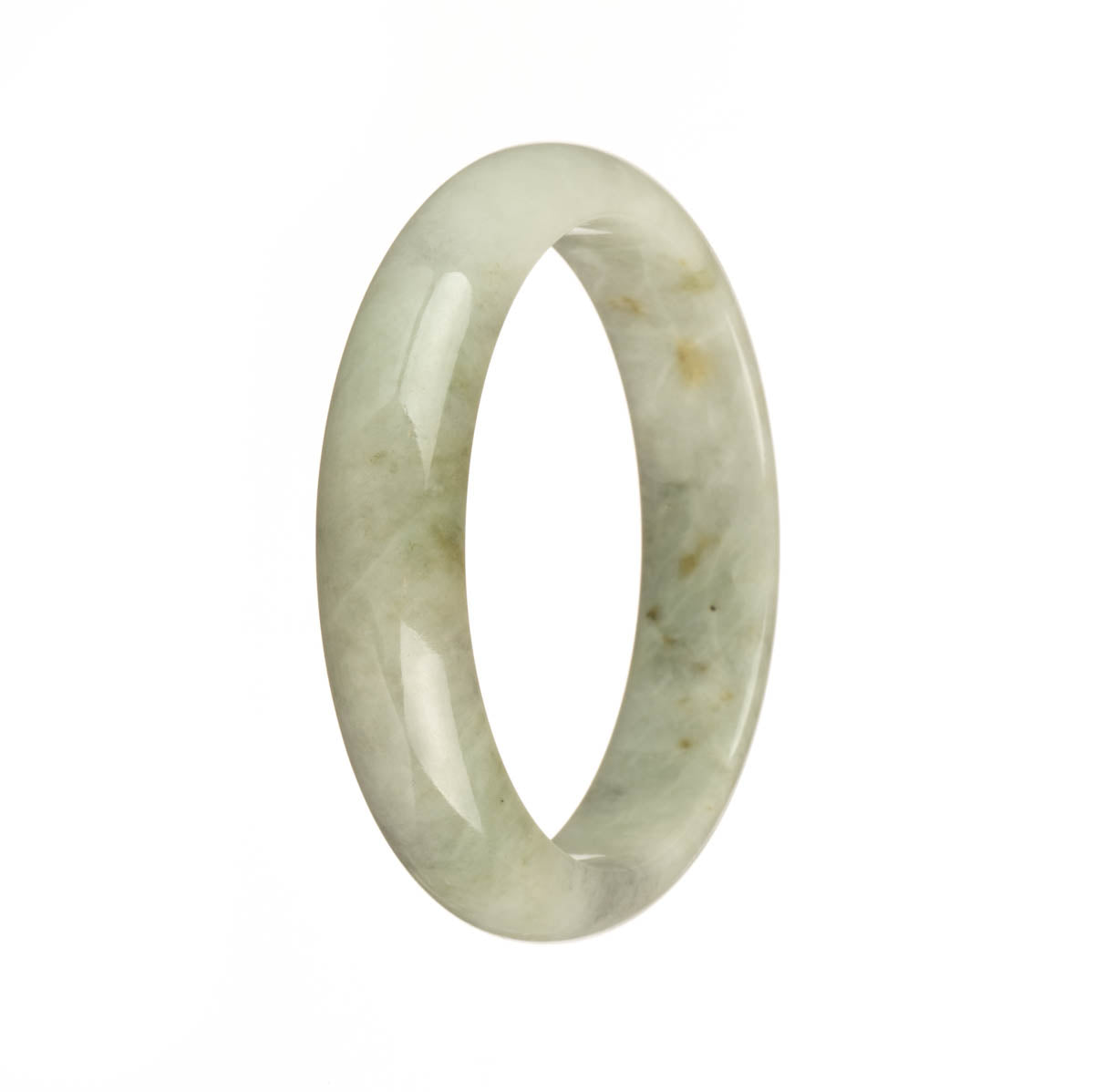 A close-up photo of a jadeite bangle bracelet in grey color with brown spots. The bracelet has a half-moon shape and measures 56mm in diameter. It is certified as Grade A quality.