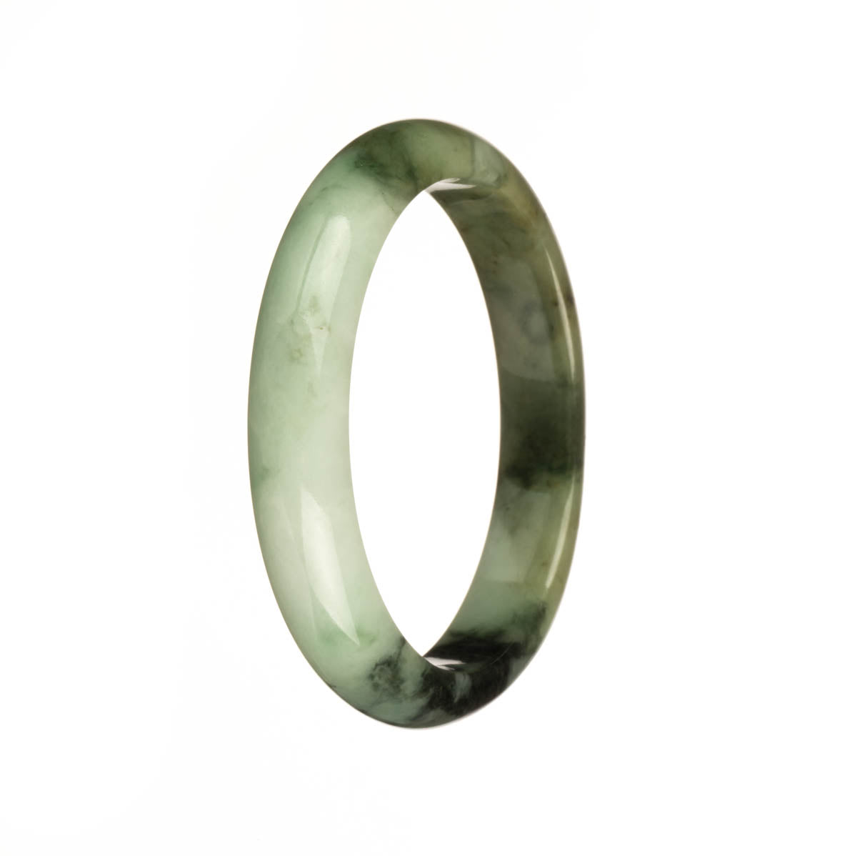 A beautiful half moon shaped bracelet made of genuine untreated green Burma jade. The jade features dark green and brown patterns, adding to its natural beauty. This bracelet is 54mm in size and is a stunning piece from MAYS GEMS.