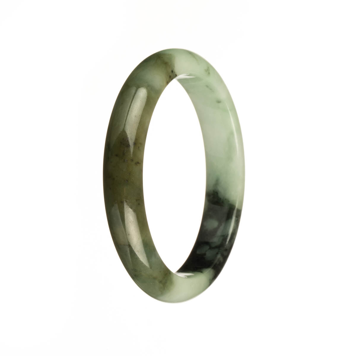 Genuine Type A Green with Dark Green and Brown Patterns Burmese Jade Bracelet - 54mm Half Moon