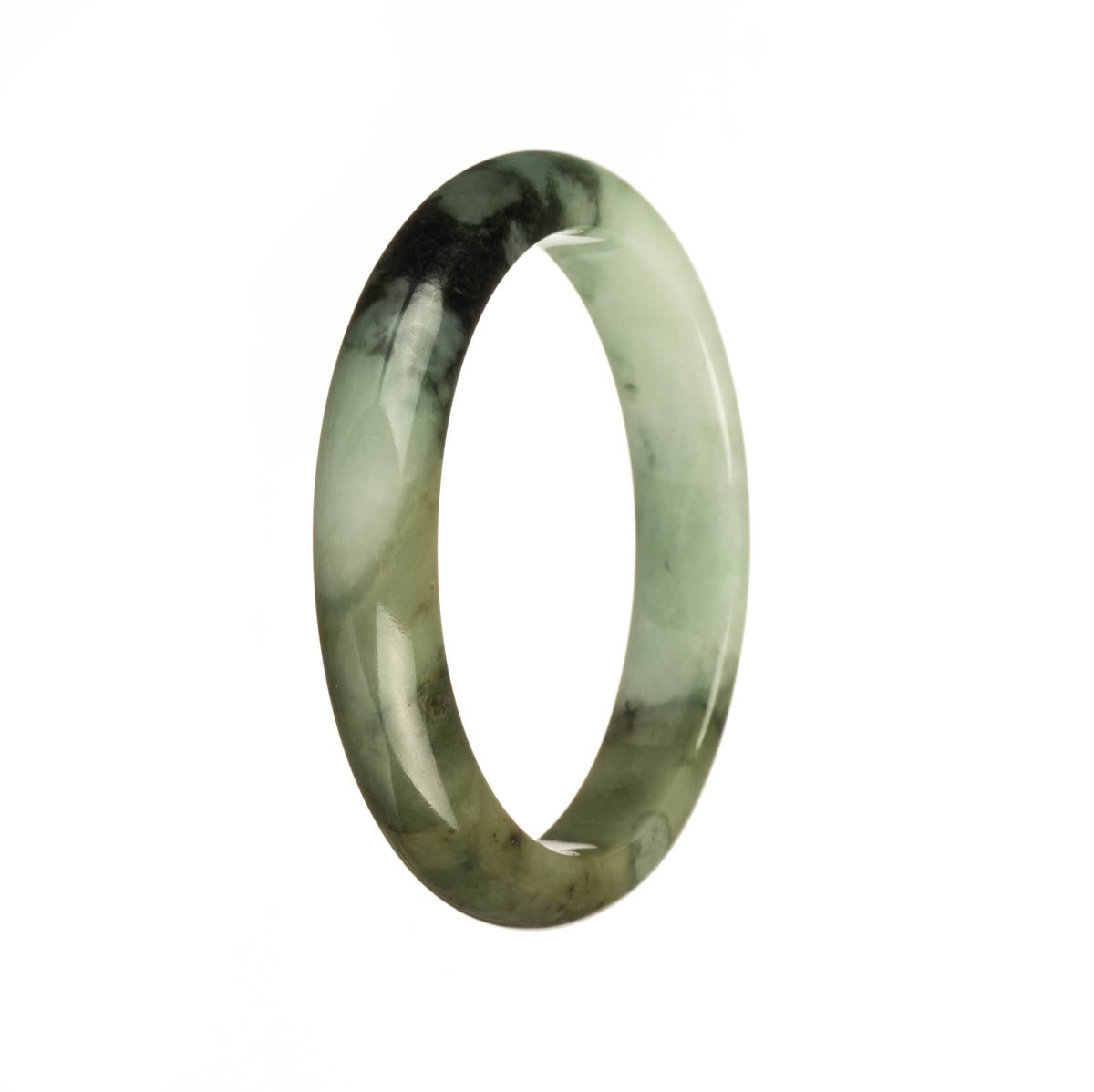A beautiful half moon shaped Burmese jade bracelet with genuine Type A green color, adorned with dark green and brown patterns. Perfect for adding a touch of elegance to any outfit.
