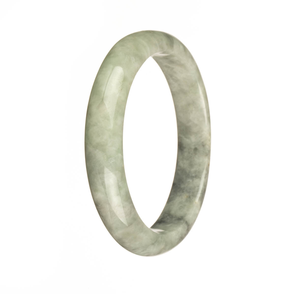 A close-up image of a genuine untreated pale green jadeite jade bangle bracelet with a grey pattern. The bracelet is in the shape of a half moon and measures 59mm in diameter. Created by MAYS GEMS.