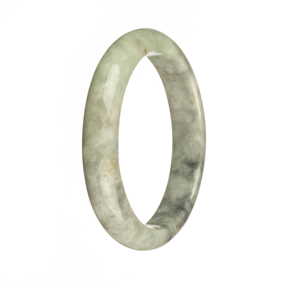 A close-up photo of a genuine grade A pale green jadeite bangle bracelet with a grey pattern. The bracelet is in the shape of a half moon and measures 59mm in diameter. The brand is MAYS.