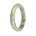 A close-up photo of a genuine grade A pale green jadeite bangle bracelet with a grey pattern. The bracelet is in the shape of a half moon and measures 59mm in diameter. The brand is MAYS.
